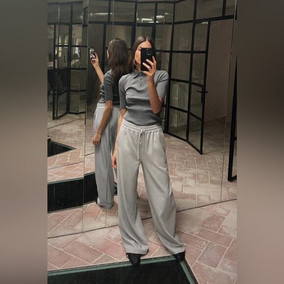 Zara Light Grey Elastic Waistband Trousers Size Large - Picture 2 of 12